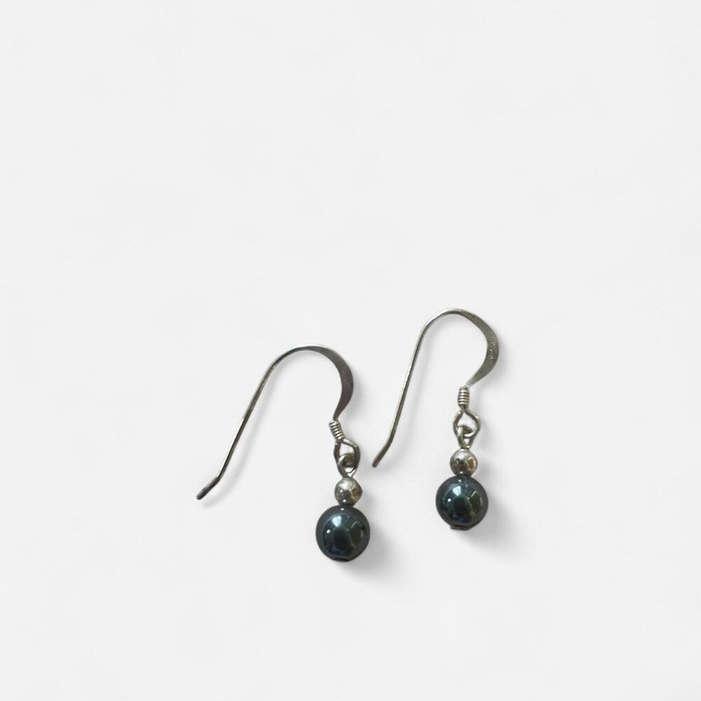 Sterling Silver hook earrings with navy blue glass pearls
